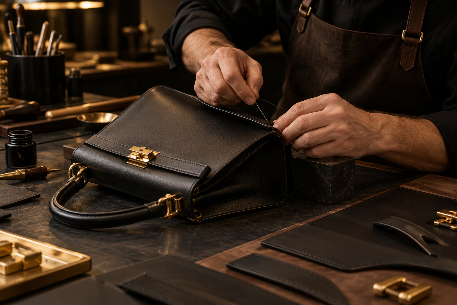 Artisan marking lines on natural leather using a leatherworker's compass.