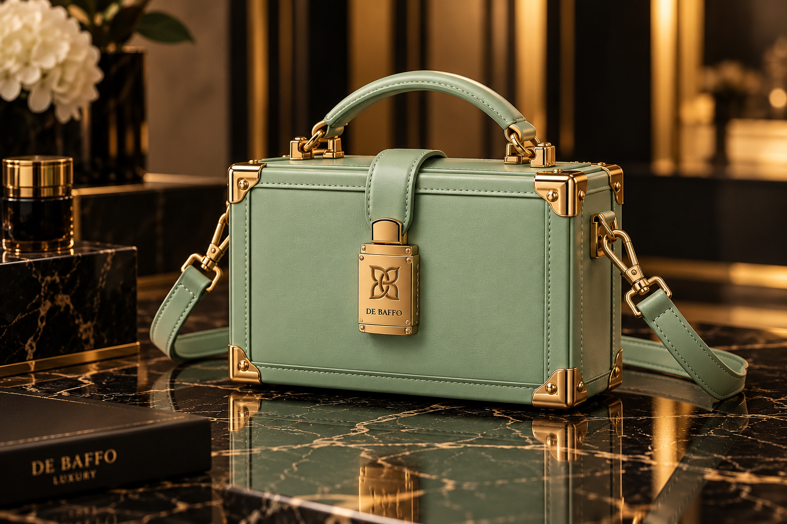 Woman leather bag on concrete background, top view
